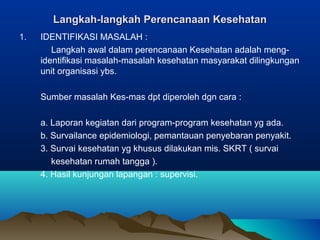 Langkah-langkah Perencanaan KesehatanLangkah-langkah Perencanaan Kesehatan
1. IDENTIFIKASI MASALAH :
Langkah awal dalam perencanaan Kesehatan adalah meng-
identifikasi masalah-masalah kesehatan masyarakat dilingkungan
unit organisasi ybs.
Sumber masalah Kes-mas dpt diperoleh dgn cara :
a. Laporan kegiatan dari program-program kesehatan yg ada.
b. Survailance epidemiologi, pemantauan penyebaran penyakit.
3. Survai kesehatan yg khusus dilakukan mis. SKRT ( survai
kesehatan rumah tangga ).
4. Hasil kunjungan lapangan : supervisi.
 