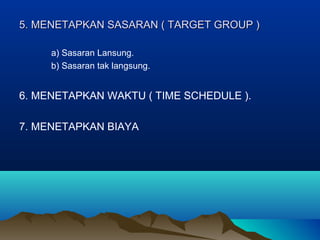 5. MENETAPKAN SASARAN ( TARGET GROUP )5. MENETAPKAN SASARAN ( TARGET GROUP )
a) Sasaran Lansung.
b) Sasaran tak langsung.
6. MENETAPKAN WAKTU ( TIME SCHEDULE ).
7. MENETAPKAN BIAYA
 