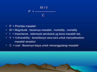 M I VM I V
P = -------------------P = -------------------
CC
• P = Prioritas masalah
• M = Magnitude : besarnya masalah , morbidity , mortality
• I = Importance , kelompok penduduk yg kena masalah tsb.
• V = Vulnarability : tersedianya cara-cara untuk menyelesaikan
masalah tersebut
• C = cost : Besarnya biaya untuk menanggulangi masalah
 