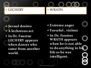  LECHERY
 Sexual desires
 A lecherous act
 In Dr. Faustus
LECHERY appears
when dancer who
came from another
world.
 WRATH
 Extreme anger
 Forceful , violent
 In Dr. Faustus
WRATH appears
when he is not able
to do anything in his
life as he was
intelligent.
 