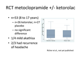 RCT metoclopramide +/‐ ketorolac
• n=53 (8 to 17 years)
– n=26 ketorolac; n=27 
placebo
– no significant 
difference
• 1/4 mild akathisa
• 2/3 had recurrence 
of headache
Richer et al., not yet published
 