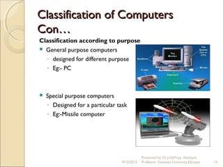 Classification of ComputersClassification of Computers
Con…Con…
Classification according to purpose
 General purpose computers
◦ designed for different purpose
◦ Eg:- PC
 Special purpose computers
◦ Designed for a particular task
◦ Eg:-Missile computer
9/12/2015
Presented by Dr.J.VijiPriya, Assistant
Professor, Hawassa University,Ethiopia 13
 