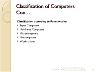 Classification of ComputersClassification of Computers
Con…Con…
Classification according to Functionality
 Super Computers
 Mainframe Computers
 Microcomputers
 Minicomputers
 Workstations
9/12/2015
Presented by Dr.J.VijiPriya, Assistant
Professor, Hawassa University,Ethiopia 16
 
