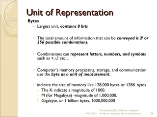 Unit of RepresentationUnit of Representation
Bytes
◦ Largest unit, contains 8 bits
◦ The total amount of information that can be conveyed is 28
or
256 possible combinations.
◦ Combinations can represent letters, numbers, and symbols
such as +,-,? etc…
◦ Computer’s memory processing, storage, and communication
use the byte as a unit of measurement.
◦ indicate the size of memory like 128,000 bytes or 128K bytes
◦ The K indicate a magnitude of 1000.
◦ M (for Megabyte) -magnitude of 1,000,000.
 Gigabyte, or 1 billion bytes. 1000,000,000
9/12/2015
Presented by Dr.J.VijiPriya, Assistant
Professor, Hawassa University,Ethiopia 28
 