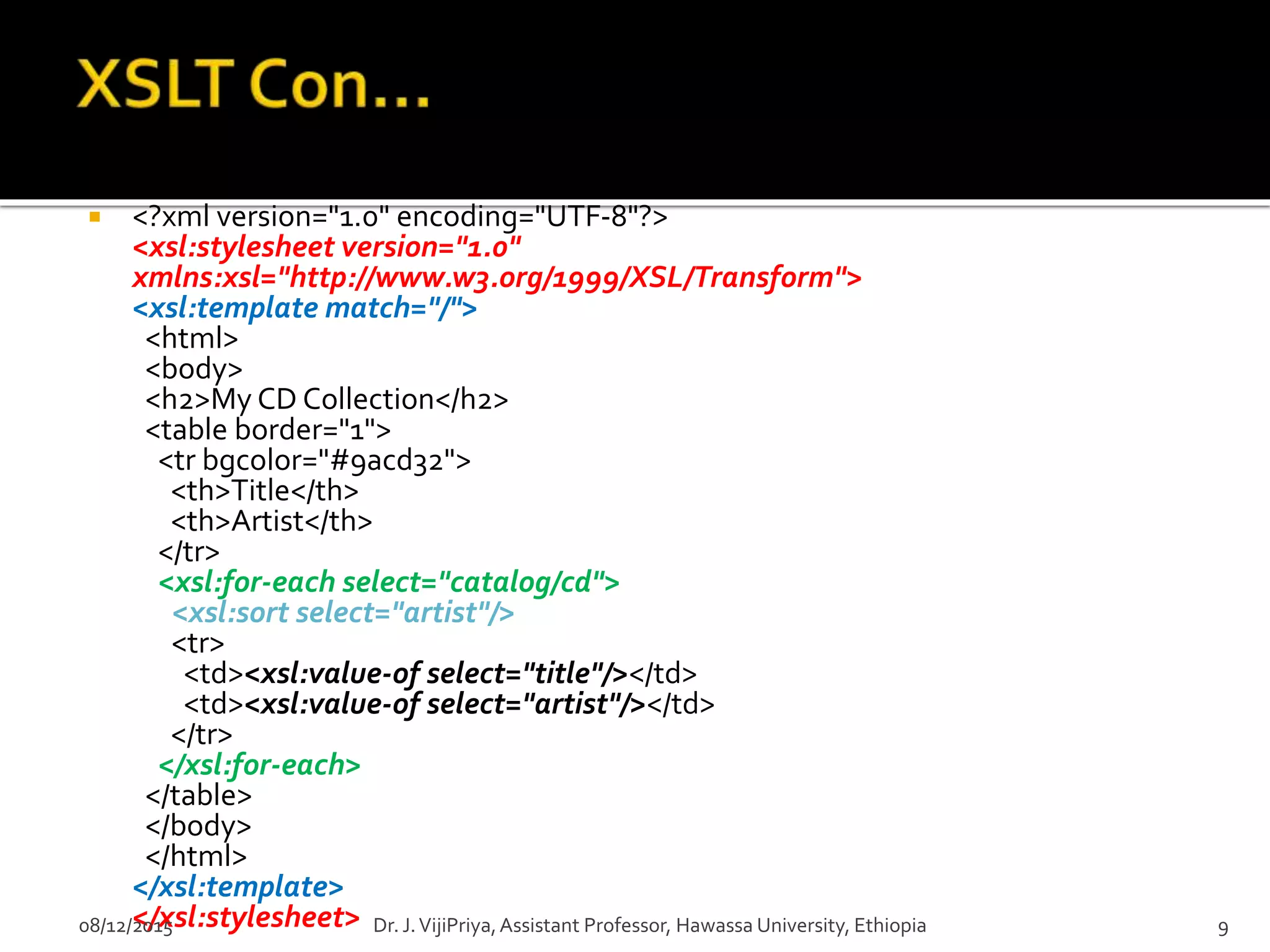 <?xml version="1.0" encoding="UTF-8"?>
<xsl:stylesheet version="1.0"
xmlns:xsl="http://www.w3.org/1999/XSL/Transform">
<xsl:template match="/">
<html>
<body>
<h2>My CD Collection</h2>
<table border="1">
<tr bgcolor="#9acd32">
<th>Title</th>
<th>Artist</th>
</tr>
<xsl:for-each select="catalog/cd">
<xsl:sort select="artist"/>
<tr>
<td><xsl:value-of select="title"/></td>
<td><xsl:value-of select="artist"/></td>
</tr>
</xsl:for-each>
</table>
</body>
</html>
</xsl:template>
</xsl:stylesheet>08/12/2015 9Dr. J.VijiPriya,Assistant Professor, Hawassa University, Ethiopia
 