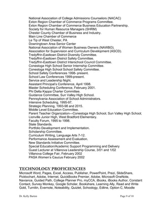 Dr. Kelly Barton Page 9 of 10
National Association of College Admissions Counselors (NACAC)
Exton Region Chamber of Commerce Programs Committee.
Exton Region Chamber of Commerce Business Education Partnership.
Society for Human Resource Managers (SHRM)
Chester County Chamber of Business and Industry.
Main Line Chamber of Commerce
Le Tip of West Chester, PA
Downingtown Area Senior Center
National Association of Women Business Owners (NAWBO).
Association for Supervision and Curriculum Development (ASCD).
Tredyffrin-Easttown District Diversity Committee.
Tredyffrin-Easttown District Safety Committee.
Tredyffrin-Easttown District Interschool Council Committee.
Conestoga High School Senior Internship Committee.
Conestoga High School School Safety Committee.
School Safety Conferences 1998- present.
School Law Conferences 1999-present.
Service and Leadership Night.
Assistant Principal’s Conference, April 1998.
Master Scheduling Conference, February 2001.
Phi Delta Kappa Charter Committee.
Guidance Committee, Sun Valley High School.
Pennsylvania Association of School Administrators.
Intensive Scheduling, 1995-97.
Strategic Planning, 1993-98 and 2015.
Middle Level Education Committee.
Parent Teacher Organization—Conestoga High School, Sun Valley High School,
Lionville Junior High, West Bradford Elementary.
Faculty Forum, 1995 to 1998.
State Standards.
Portfolio Development and Implementation.
Scholarship Committee.
Curriculum Writing, Language Arts 7-12.
Performance Assessment and Evaluation.
New Standards Initiative Committee.
Special Education/Academic Support Programming and Delivery
Guest Lecturer at Villanova Leadership Course, 3/01 and 1/02
Villanova College Fair, February 2002
PASA Women’s Caucus February 2002
TECHNOLOGY PROFICIENCIES
Microsoft Word, Pages, Excel, Access, Publisher, PowerPoint, Prezi, SlideShare,
Picktochart, Adobe, Internet, QuickBooks Premier, Adobe, Microsoft OneNote,
Naviance, Guided Path, College Planner Pro, myCCA, iBooks, iBooks Author, Constant
Contact, Survey Monkey, Google Scholar, Bookshare, Learning Ally, Read and Write
Gold, Turnitin, Evernote, Noteability, Quizlet, Schoology, Edline, Option C, Moodle
 
