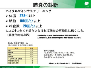 Sakura Shinmachi Urban Clinic Copyright © Platanus All Rights Reserved.
肺炎の診断
バイタルサインでスクリーニング
 体温 37.8℃以上
 脈拍 100回/分以上
 呼吸数 20回/分以上
以上の3つ全てを満たさなければ肺炎の可能性は低くなる．
（陰性的中率96%） 1.Heckerling PS, et al : Ann Intern Med 1990;113(9):664-70.
2.Emerman CL, et al : Ann Emergency Med. 1991;20(11):1215-9.
Diehr P, et al : J Chronic Dis 37：215-225,1984.
 
