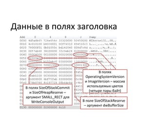 Данные в полях заголовка
В полях SizeOfStackCommit
и SizeOfHeapReserve –
аргумент SMALL_RECT для
WriteConsoleOutput
В полях
OperatingSystemVersion
и ImageVersion – массив
используемых цветов
(четыре пары байт)
В поле SizeOfStackReserve
– аргумент dwBufferSize
 