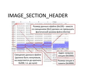 IMAGE_SECTION_HEADER
Размер данных в файле (0x139) – вместе
со смещением (0x1) должен не превышать
фактический размер файла (0x13a)
Смещение данных в файле
(должно быть ненулевым,
но округляется до кратного
0x200, т.е. до нуля)
Адрес загрузки
секции (0x1000)
Размер секции в
памяти (0x3000)
 