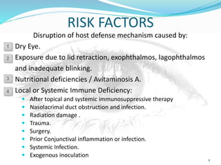RISK FACTORS
Disruption of host defense mechanism caused by:
Dry Eye.
Exposure due to lid retraction, exophthalmos, lagophthalmos
and inadequate blinking.
Nutritional deficiencies / Avitaminosis A.
Local or Systemic Immune Deficiency:
 After topical and systemic immunosuppressive therapy
 Nasolacrimal duct obstruction and infection.
 Radiation damage .
 Trauma.
 Surgery.
 Prior Conjunctival inflammation or infection.
 Systemic Infection.
 Exogenous inoculation
4
1
2
3
4
 