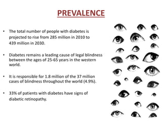 PREVALENCE
• The total number of people with diabetes is
projected to rise from 285 million in 2010 to
439 million in 2030.
• Diabetes remains a leading cause of legal blindness
between the ages of 25-65 years in the western
world.
• It is responsible for 1.8 million of the 37 million
cases of blindness throughout the world (4.9%).
• 33% of patients with diabetes have signs of
diabetic retinopathy.
 