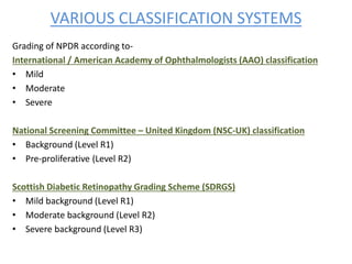 VARIOUS CLASSIFICATION SYSTEMS
Grading of NPDR according to-
International / American Academy of Ophthalmologists (AAO) classification
• Mild
• Moderate
• Severe
National Screening Committee – United Kingdom (NSC-UK) classification
• Background (Level R1)
• Pre-proliferative (Level R2)
Scottish Diabetic Retinopathy Grading Scheme (SDRGS)
• Mild background (Level R1)
• Moderate background (Level R2)
• Severe background (Level R3)
 