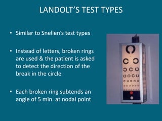 LANDOLT’S TEST TYPES
• Similar to Snellen’s test types
• Instead of letters, broken rings
are used & the patient is asked
to detect the direction of the
break in the circle
• Each broken ring subtends an
angle of 5 min. at nodal point
 