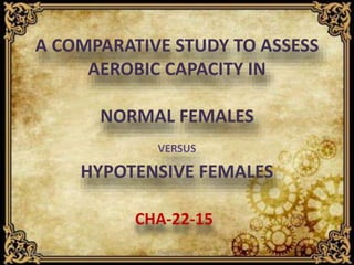 CHA-22-15
31 May 2016 1CHAPCON-2015
A COMPARATIVE STUDY TO ASSESS
AEROBIC CAPACITY IN
NORMAL FEMALES
VERSUS
HYPOTENSIVE FEMALES
 