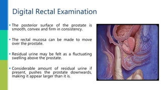  The posterior surface of the prostate is
smooth, convex and firm in consistency.
 The rectal mucosa can be made to move
over the prostate.
 Residual urine may be felt as a fluctuating
swelling above the prostate.
 Considerable amount of residual urine if
present, pushes the prostate downwards,
making it appear larger than it is.
Digital Rectal Examination
 