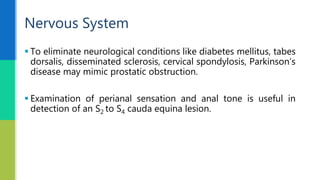  To eliminate neurological conditions like diabetes mellitus, tabes
dorsalis, disseminated sclerosis, cervical spondylosis, Parkinson’s
disease may mimic prostatic obstruction.
 Examination of perianal sensation and anal tone is useful in
detection of an S2 to S4 cauda equina lesion.
Nervous System
 