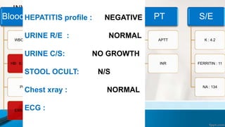 INVESTIGATION
Blood cp
WBC: 9.6
HB: 6.3 mg/dl
Plt:
ESR: 80
LFTS
ALKALINE
PHOSPHTASE:
ALT
RFTS
UREA
CREATININE :
1.5
PT
APTT
INR
S/E
K : 4.2
FERRITIN : 11
NA : 134
HEPATITIS profile : NEGATIVE
URINE R/E : NORMAL
URINE C/S: NO GROWTH
STOOL OCULT: N/S
Chest xray : NORMAL
ECG :
 