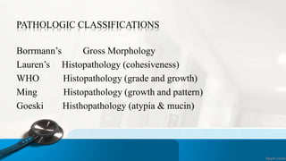 PATHOLOGIC CLASSIFICATIONS
Borrmann’s Gross Morphology
Lauren’s Histopathology (cohesiveness)
WHO Histopathology (grade and growth)
Ming Histopathology (growth and pattern)
Goeski Histhopathology (atypia & mucin)
 