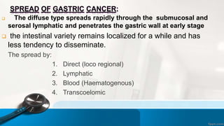 SPREAD OF GASTRIC CANCER:
 The diffuse type spreads rapidly through the submucosal and
serosal lymphatic and penetrates the gastric wall at early stage
 the intestinal variety remains localized for a while and has
less tendency to disseminate.
The spread by:
1. Direct (loco regional)
2. Lymphatic
3. Blood (Haematogenous)
4. Transcoelomic
 