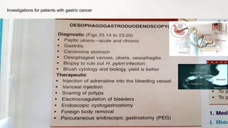 1.UGIS (double contrast)
2.Endoscopy (Biopsy / Ultrasound)
 GOLD STANDARD
 Best pre-operative staging
 Needle aspiration of LN w/ ultrasound guidance
 Can even give preop neoadjuvant tx
3.CT scan (intravenous and oral contrast):
 For pre-operative staging
4.Whole body Positron Emission Tomography scanning (PET):
 Tumor cell preferentially accumulate positron-emitting 18F
fluorodeoxyglucose.
5.Laparoscopy
Investigations for patients with gastric cancer
 