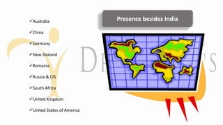 Australia
China
Germany
New Zealand
Romania
Russia & CIS
South Africa
United Kingdom
United States of America
Presence besides India
 