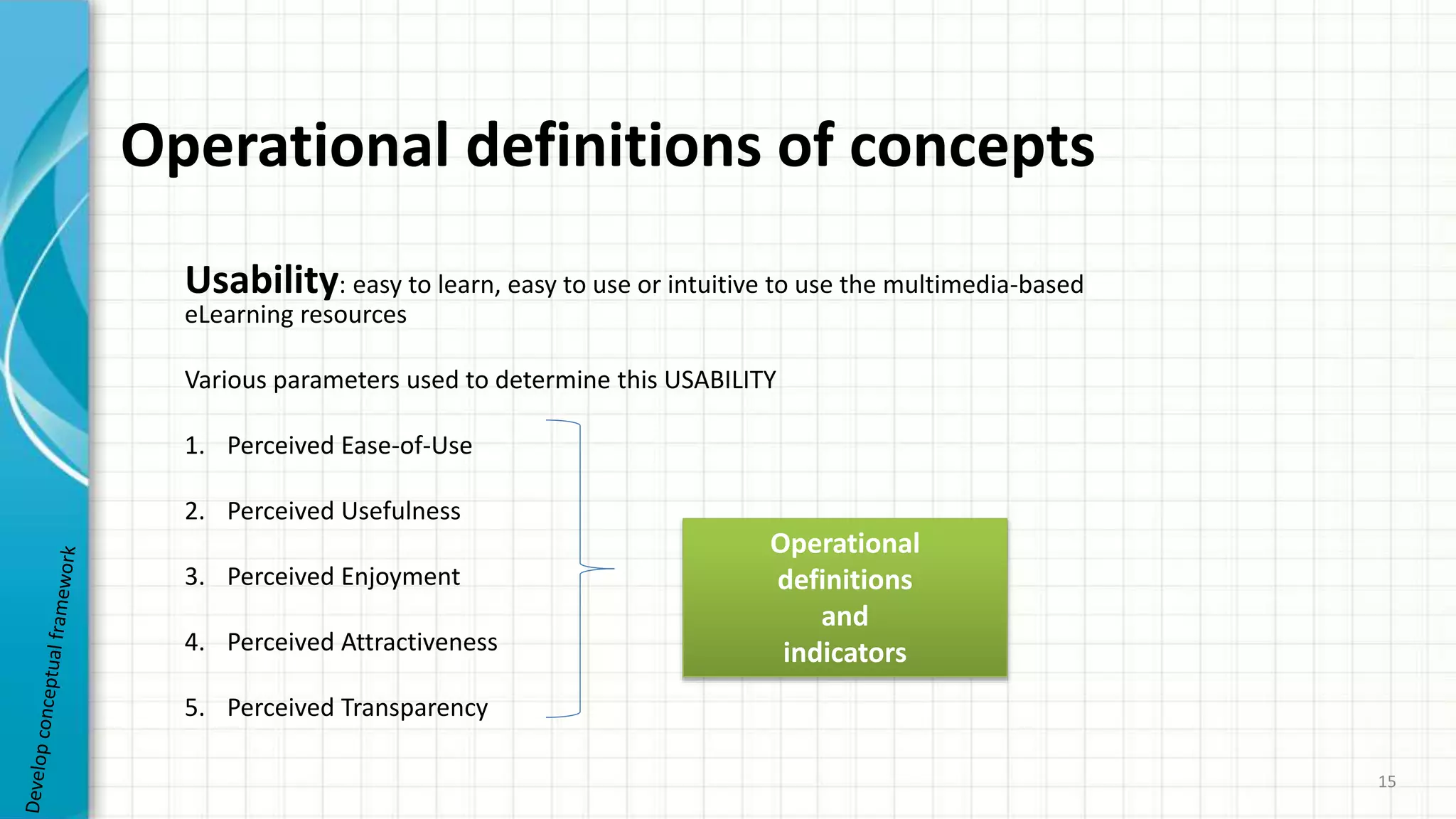 Operational definitions of concepts
Usability: easy to learn, easy to use or intuitive to use the multimedia-based
eLearning resources
Various parameters used to determine this USABILITY
1. Perceived Ease-of-Use
2. Perceived Usefulness
3. Perceived Enjoyment
4. Perceived Attractiveness
5. Perceived Transparency
15
Operational
definitions
and
indicators
 