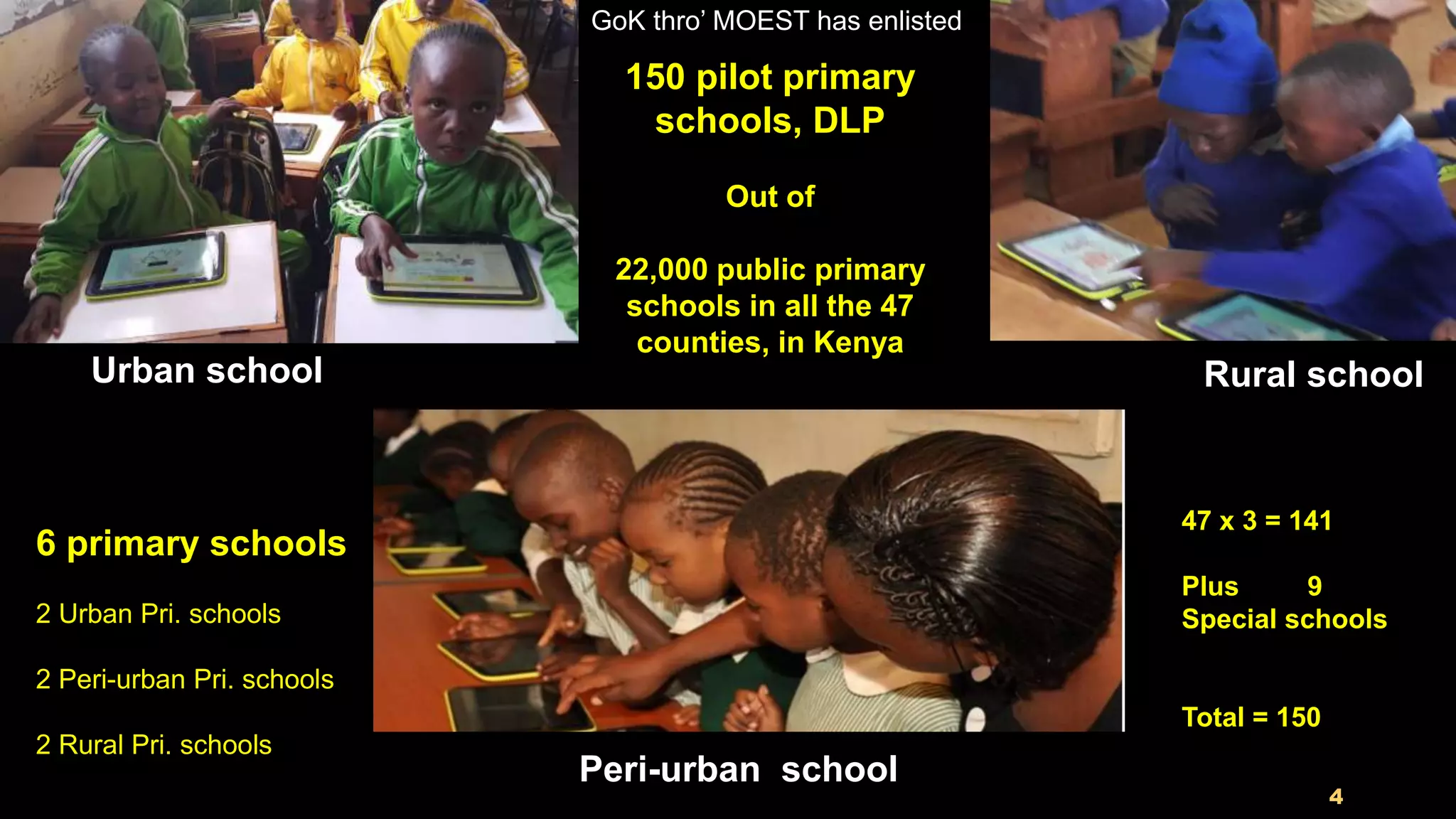 4
Rural schoolUrban school
Peri-urban school
47 x 3 = 141
Plus 9
Special schools
Total = 150
6 primary schools
2 Urban Pri. schools
2 Peri-urban Pri. schools
2 Rural Pri. schools
150 pilot primary
schools, DLP
Out of
22,000 public primary
schools in all the 47
counties, in Kenya
GoK thro’ MOEST has enlisted
 