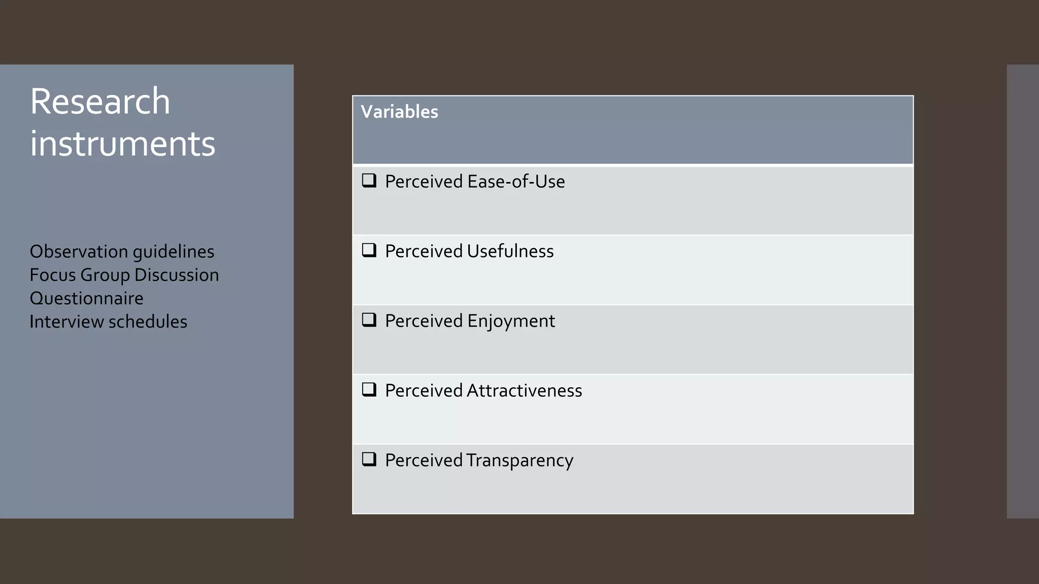 Observation guidelines
Focus Group Discussion
Questionnaire
Interview schedules
Variables
 Perceived Ease-of-Use
 Perceived Usefulness
 Perceived Enjoyment
 Perceived Attractiveness
 PerceivedTransparency
Research
instruments
 