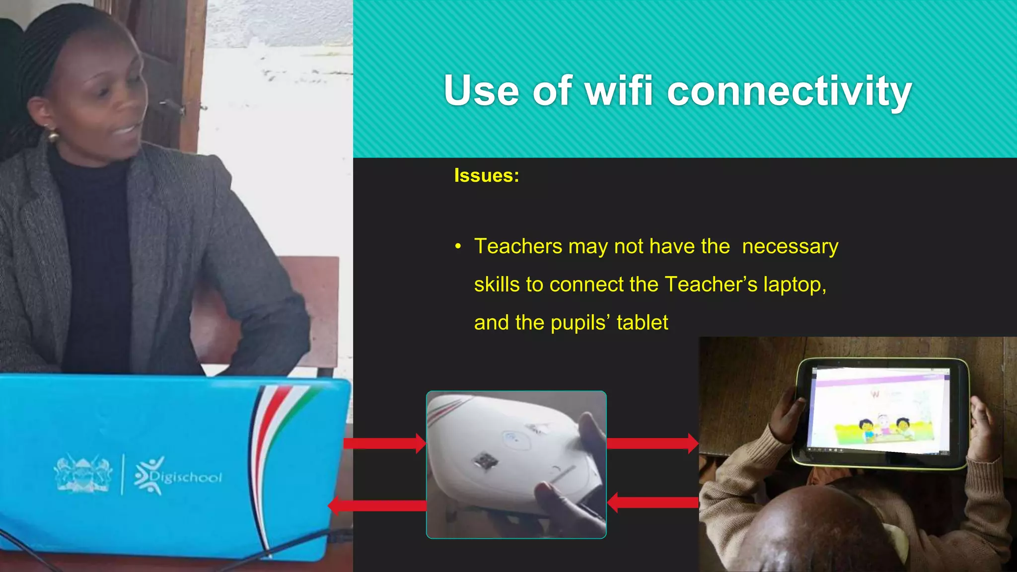 Use of wifi connectivity
Issues:
• Teachers may not have the necessary
skills to connect the Teacher’s laptop,
and the pupils’ tablet
 