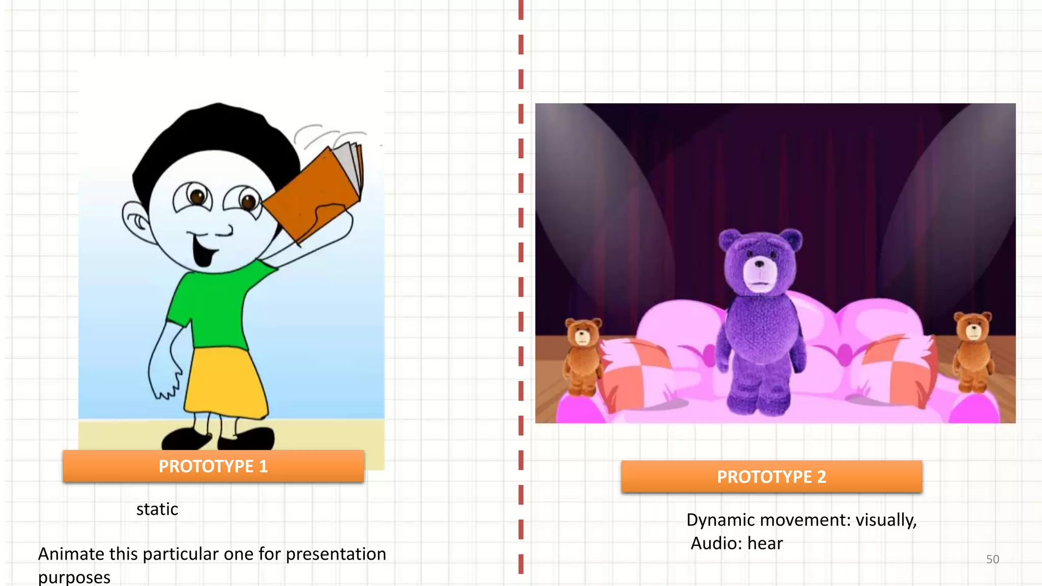 50
static
Dynamic movement: visually,
Audio: hear
Animate this particular one for presentation
purposes
PROTOTYPE 1
PROTOTYPE 2
 