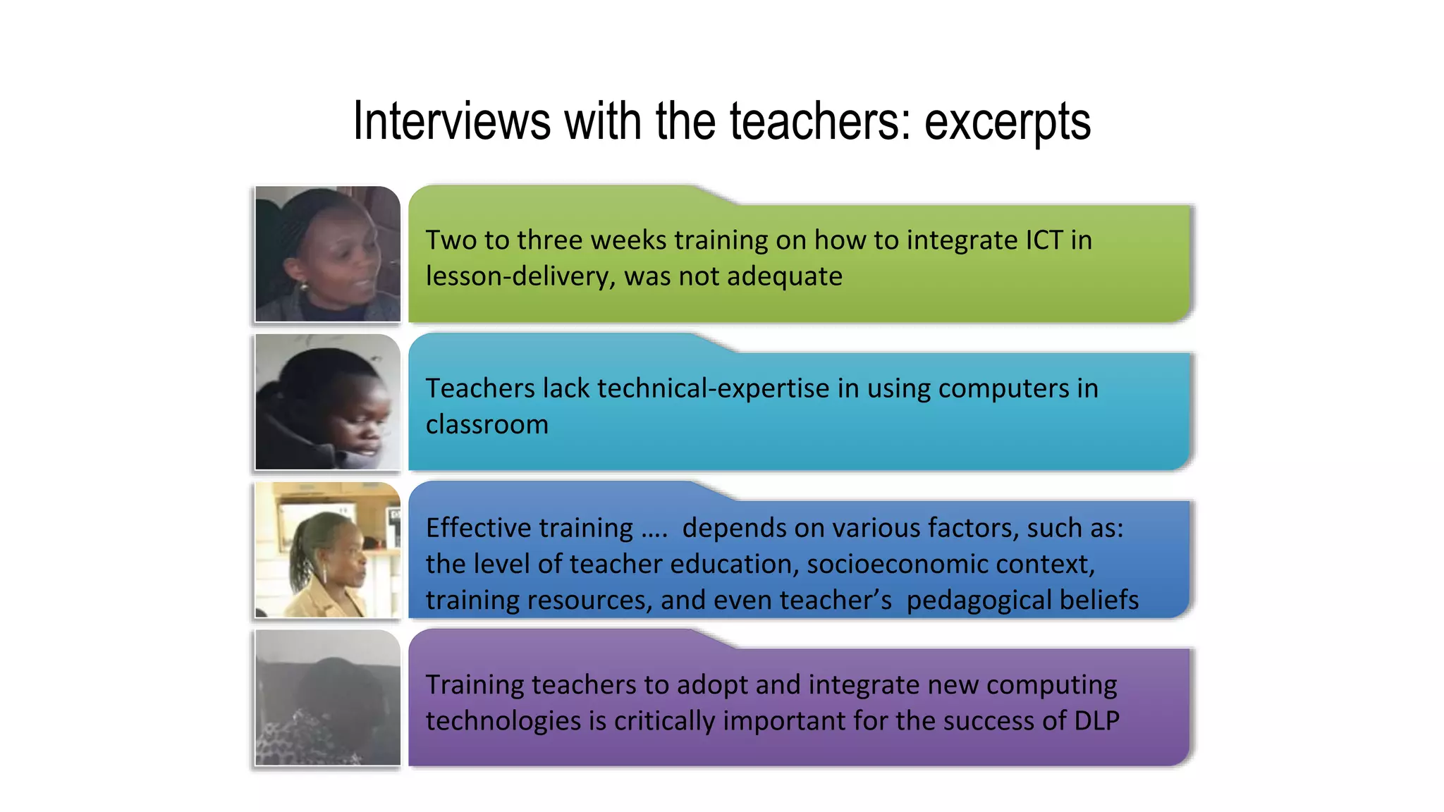 Interviews with the teachers: excerpts
Two to three weeks training on how to integrate ICT in
lesson-delivery, was not adequate
Teachers lack technical-expertise in using computers in
classroom
Effective training …. depends on various factors, such as:
the level of teacher education, socioeconomic context,
training resources, and even teacher’s pedagogical beliefs
Training teachers to adopt and integrate new computing
technologies is critically important for the success of DLP
 