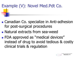 Example (V): Novel Med.Pdt Co.
 Canadian Co. specialize in Anti-adhesion
for post-surgical procedures
 Natural extracts from sea-weed
 FDA approved as “medical devices”
instead of drug to avoid tedious & costly
clinical trials & regulation
 