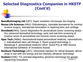 Selected Diagnostics Companies in HKSTP
(Cont’d)
NanoBioImaging Ltd (UST): Super resolution microscopic bio-imaging
Novus Life Sciences (HKU): Orthobiologics, injectable biomaterial for minimal
invasive surgery, biomaterials formulation in repairing bone and cartilage
OncoSeek(HKU): Cancer diagnostics for personalized cancer screening assays
thru advanced biomedical technology, early and real-time screening of
invasive cancer & personalized non-invasive cancer screening assays
Oper Tech (HKBU): Nanomaterial-based personalized medicine, nanomedicine:
1. Individualized stem cell therapy 2. Novel surgical technology 3.
Nanodrugs 4. personalized medicine (2016 Grand Prix at 44th Geneva
International Exhibition of Inventions Award)
Sonikure Technology (UST): Intravitreal injection for retinal diseases, deliver
drugs in eye with low energy and low intensity ultrasonic technology
Xcelom(CUHK): T21 prenatal diagnostics, genomics technology for genetic
sequencing innovations
 