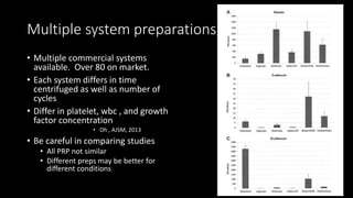 Multiple system preparations
• Multiple commercial systems
available. Over 80 on market.
• Each system differs in time
centrifuged as well as number of
cycles
• Differ in platelet, wbc , and growth
factor concentration
• Oh , AJSM, 2013
• Be careful in comparing studies
• All PRP not similar
• Different preps may be better for
different conditions
 
