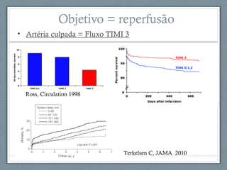Objetivo = reperfusão
• Artéria culpada = Fluxo TIMI 3
Ross, Circulation 1998
Terkelsen C, JAMA 2010
 