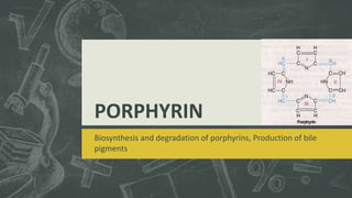PORPHYRIN
Biosynthesis and degradation of porphyrins, Production of bile
pigments
 
