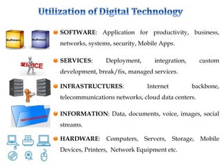 SOFTWARE: Application for productivity, business,
networks, systems, security, Mobile Apps.
SERVICES: Deployment, integrat...