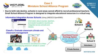 • Due to birth rate decline, schools in rural areas cannot afford to recruit professional teachers.
Small School Alliance Program is designed to integrate educational resources in a virtual way.
School A
School B
School C
Volunteers
Private Sectors
Information Integration Across Schools (Using UNESCO OpenEMIS)
Information about courses, teachers,
and student academic records are
integrated across schools and
classes.
ClassFu: Evaluate classroom climate and
classroom management
Teachers get to know emotions and behaviors of their
students while keeping classroom climate in control
Cloud-based Course
Exchange System
across schools and
organizations
Case 3
Miniature School Alliance Program
 