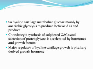  So hyaline cartilage metabolize glucose mainly by
anaerobic glycolysis to produce lactic acid as end
product
 Chondrocyte synthesis of sulphated GAG’s and
secretion of proteoglycans is accelerated by hormones
and growth factors
 Major regulator of hyaline cartilage growth is pituitary
derived growth hormone
 