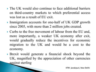  The UK would also continue to face additional barriers
on third-country markets to which preferential access
was lost as a result of EU exit.
 Immigration accounts for one-half of UK GDP growth
since 2005, with more than 2 million jobs created.
 Curbs to the free movement of labour from the EU and,
more importantly, a weaker UK economy after exit,
would gradually reduce the incentives for economic
migration to the UK and would be a cost to the
economy.
 Brexit would generate a financial shock beyond the
UK, magnified by the appreciation of other currencies
against sterling
 