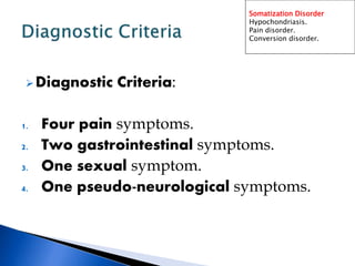Diagnostic Criteria:
1. Four pain symptoms.
2. Two gastrointestinal symptoms.
3. One sexual symptom.
4. One pseudo-neurological symptoms.
Somatization Disorder
Hypochondriasis.
Pain disorder.
Conversion disorder.
 