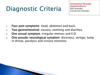 1. Four pain symptoms: head, abdomen and back.
2. Two gastrointestinal: nausea, vomiting and diarrhea.
3. One sexual symptom: irregular menses and E.D.
4. One pseudo-neurological symptom: dizziness, vertigo, lump
in throat, paralysis and urinary retention.
Somatization Disorder
Hypochondriasis.
Pain disorder.
Conversion disorder.
 