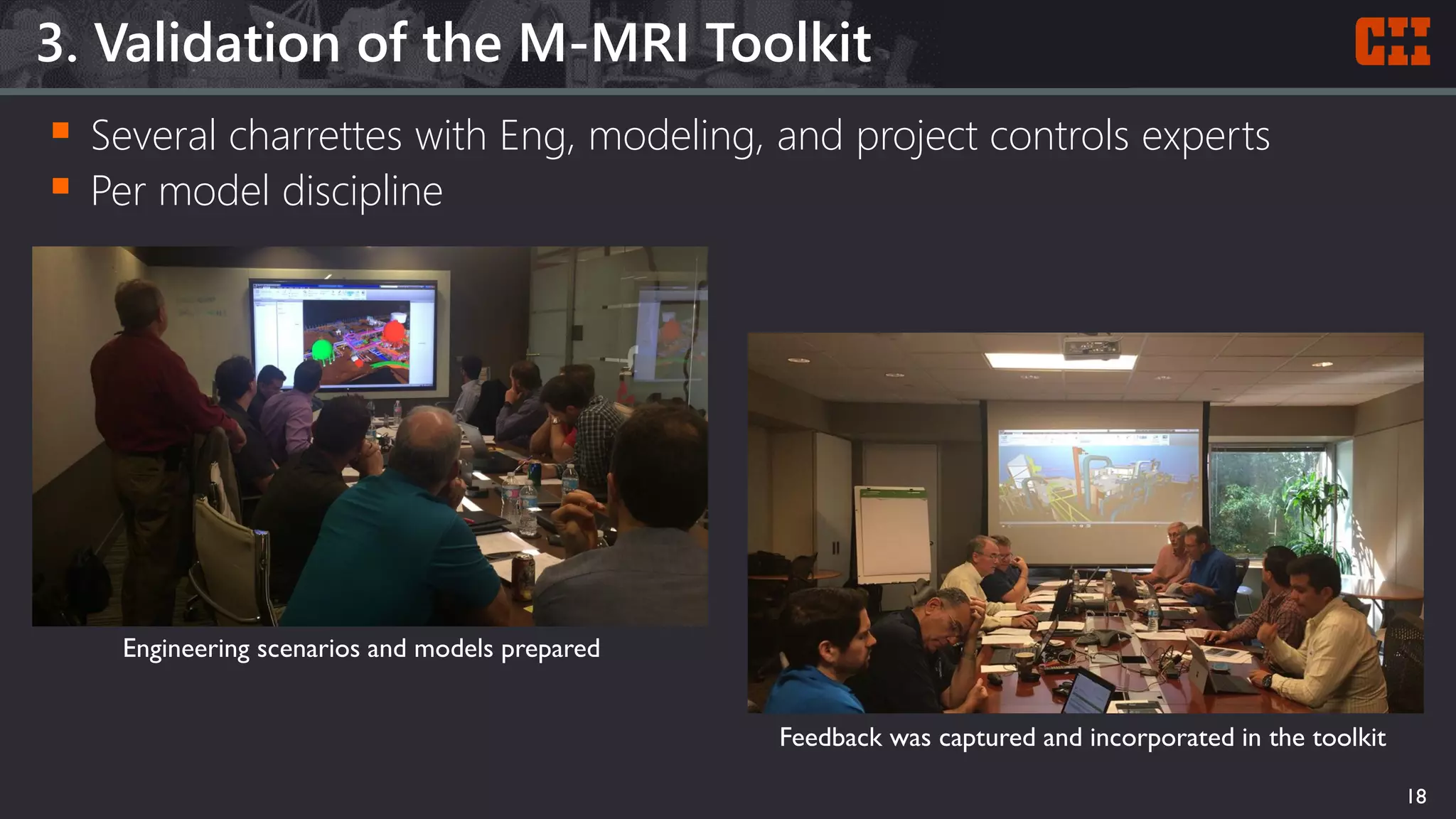  Several charrettes with Eng, modeling, and project controls experts
 Per model discipline
3. Validation of the M-MRI Toolkit
18
Engineering scenarios and models prepared
Feedback was captured and incorporated in the toolkit
 