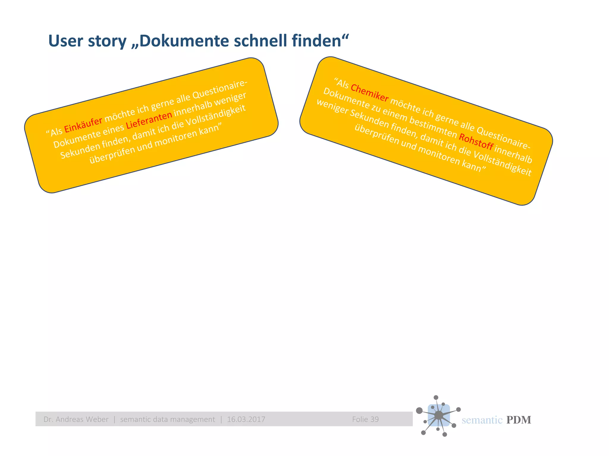 semantic PDM
User story „Dokumente schnell finden“
Folie 39Dr. Andreas Weber | semantic data management | 16.03.2017
 