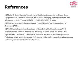 References
[1] Marlea Di Santo, Nicoletta Tarozzi, Marco Nadalini, and Andrea Borini. Human Sperm
Cryopreservation: Update on Techniques, Effect on DNA Integrity, and Implications for ART.
Advances in Urology. Volume 2012 (2012), Article ID 854837, 12 pages.
[2] 2014 Andrology and Embryology Review Course Manual of the American Board of
Bioanalysis (ABB).
[3] World Health Organisation: Department of Reproductive Health and Research WHO
laboratory manual for the examination and processing of human semen. 5th edition. 2010.
[4] Gardner DK, Weissman A, Howles CM, Shoham Z. Textbook of Assisted Reproductive
Techniques. 3rd ed. Vol. 1. In: Agarwal A, Erenpreiss J, Sharma R. Sperm chromatin assessment.
United Kingdom: Informa healthcare, 2009:67-84.
 