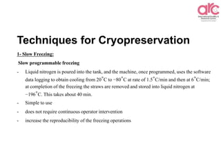 Techniques for Cryopreservation
1- Slow Freezing:
Slow programmable freezing
- Liquid nitrogen is poured into the tank, and the machine, once programmed, uses the software
data logging to obtain cooling from 20°C to −80°C at rate of 1.5°C/min and then at 6°C/min;
at completion of the freezing the straws are removed and stored into liquid nitrogen at
−196°C. This takes about 40 min.
- Simple to use
- does not require continuous operator intervention
- increase the reproducibility of the freezing operations
 