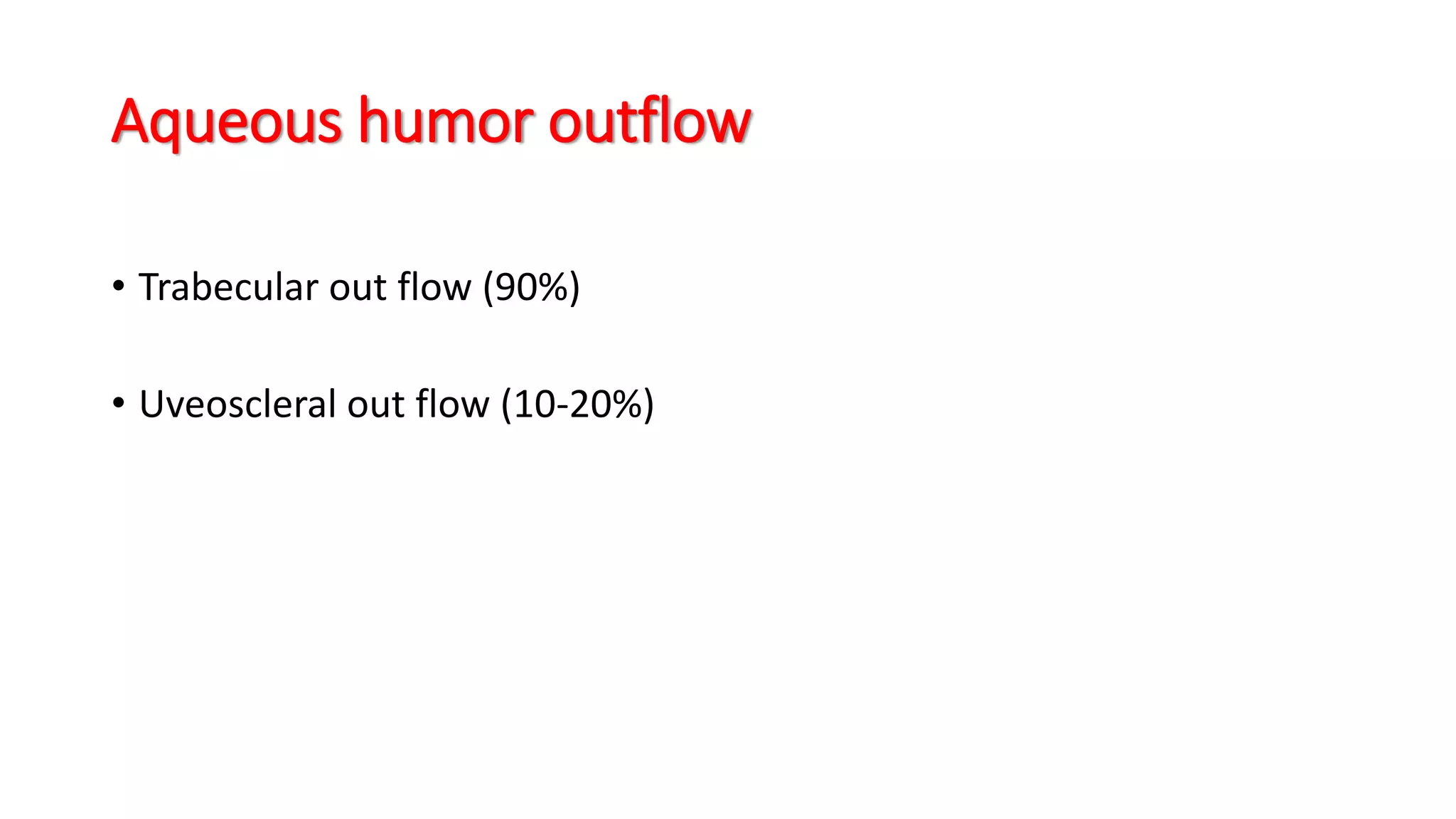 Aqueous humor outflow
• Trabecular out flow (90%)
• Uveoscleral out flow (10-20%)
 