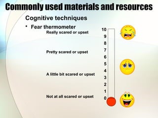 Commonly used materials and resources
Cognitive techniques
• Fear thermometer 10
9
8
7
6
5
4
3
2
1
0
Really scared or upset
Pretty scared or upset
Not at all scared or upset
A little bit scared or upset
 