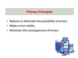 • Reduce or eliminate the possibility of errors.
• Make errors visible.
• Minimize the consequences of errors.
Primary Principles
 