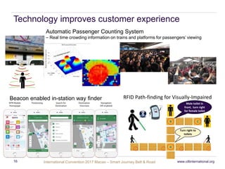 International Convention 2017 MacaoInternational Convention 2017 Macao – Smart Journey Belt & Road
Technology improves customer experience
www.ciltinternational.org16
RFID Path-finding for Visually-Impaired
B
Turn right to
toilets
1 2
A
43
C
Male toilet in
front，turn right
for female toilet
Automatic Passenger Counting System
– Real time crowding information on trains and platforms for passengers’ viewing
Beacon enabled in-station way finder
 
